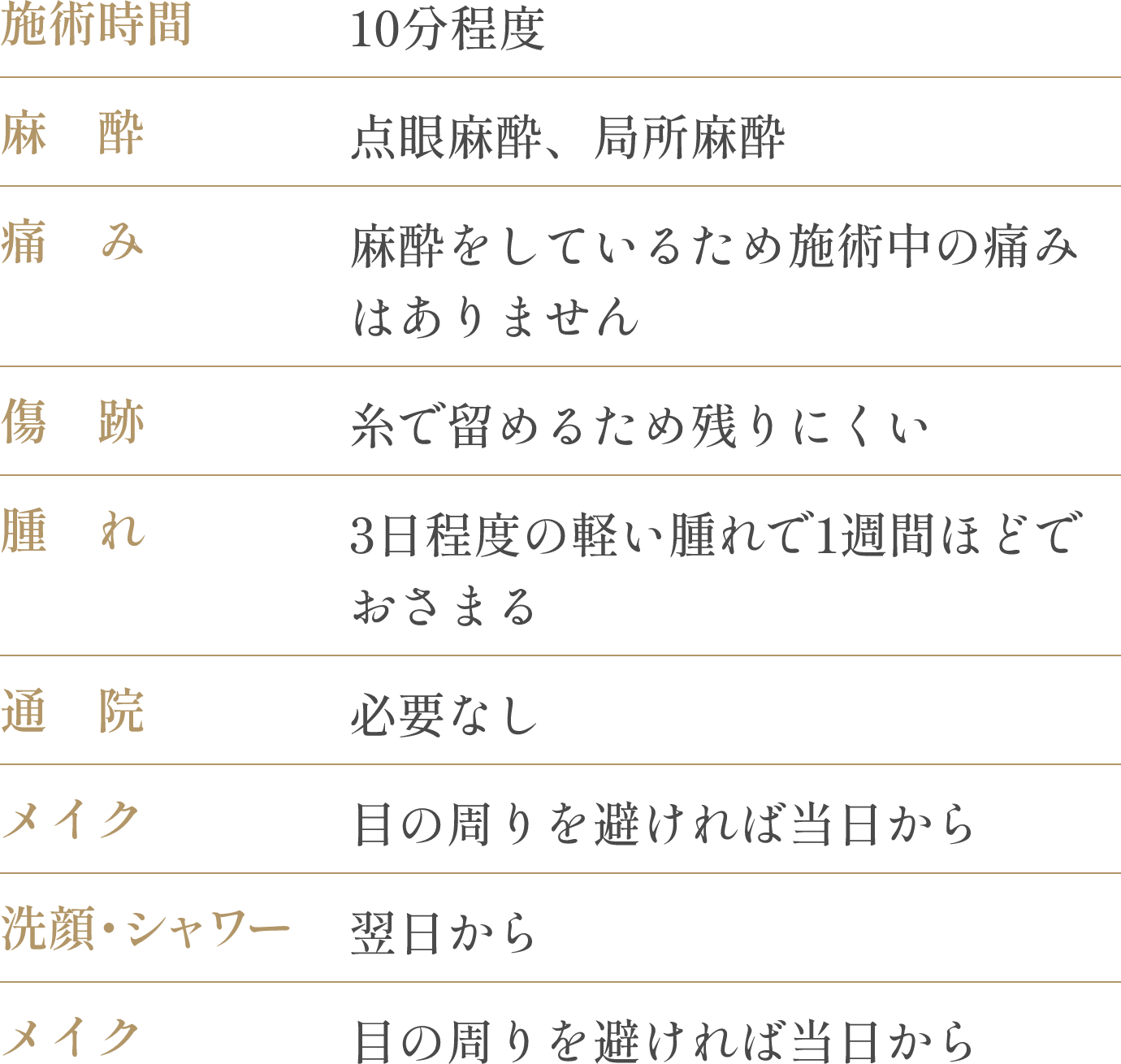 施術時間・麻酔・痛み・傷跡・腫れ・通院・メイク・洗顔・シャワー・メイク